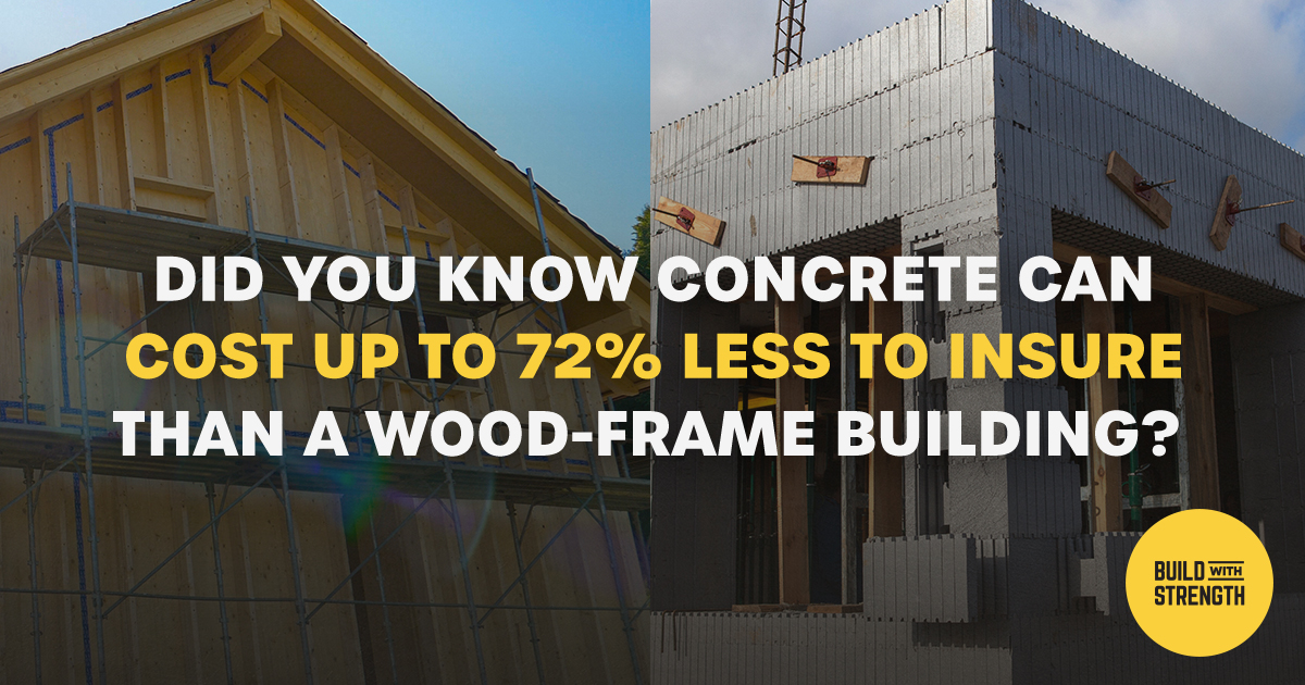 A building material that can burn, rot, and develop mold carries higher rates for both builder’s risk and property insurance. That’s why when you build with #concrete, you build with #resilience to severe weather. Learn more: bit.ly/43IbHR9 
#buildwithstrength