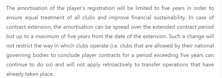 JacobsBen's tweet photo. UEFA confirm player transfer fees can only be amortised for a maximum of five years even if the contract length is longer. 

The new rule is not backdated meaning any existing 5+ year deals can still be put on the books over a longer period. https://t.co/rtpd26ruXY