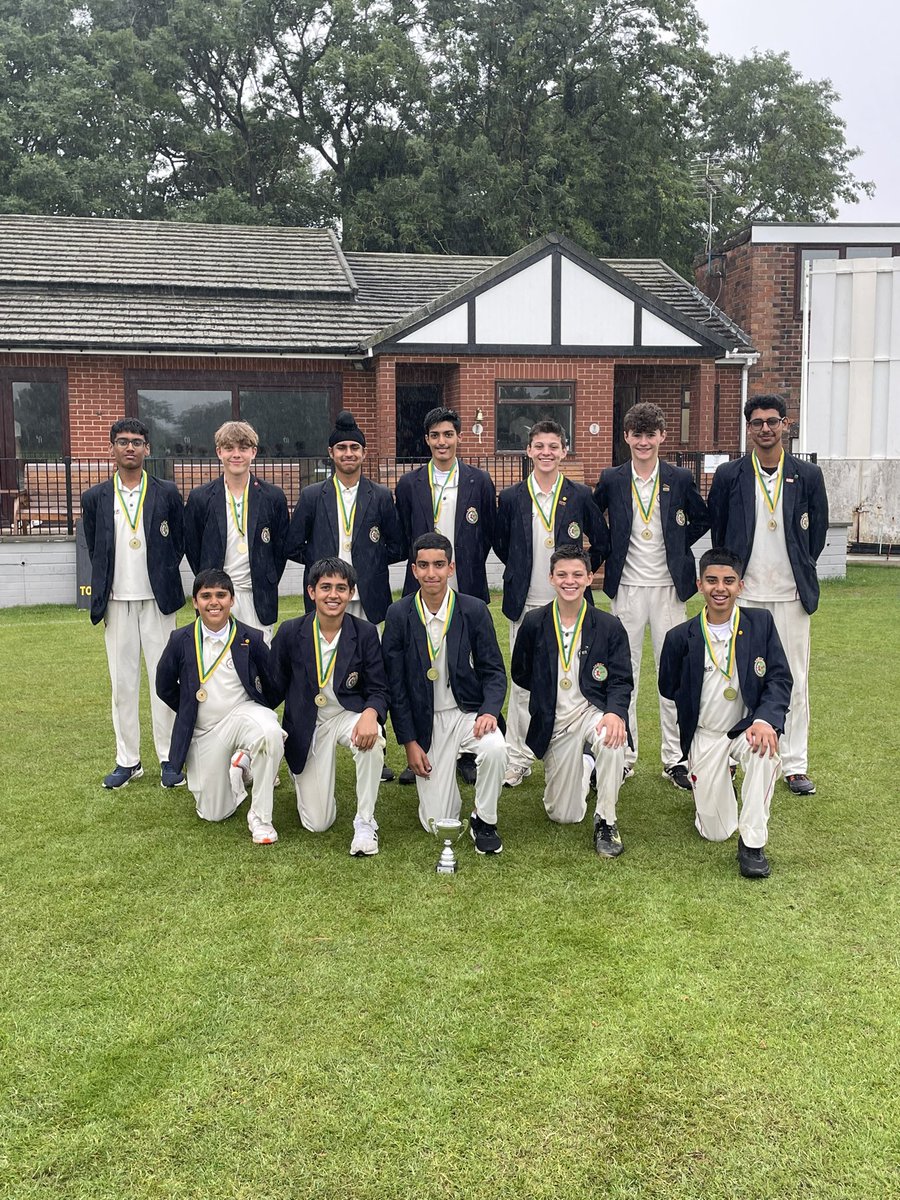 QMGSCRICKET's tweet photo. The U14’s are Staffordshire County Champions in a rain affected game v NULS👏NULS scored 149-9 in 38 overs (Amaan 3-34, Moosa 2-28, Om 2-30). QMGS were 47-2 (Yuvi K 21* off 15 &amp; Floyd 14 off 15) 15 runs ahead before the rain stopped play. Congratulations to them all!! @qmgs1554 https://t.co/5wsbBuGUhB