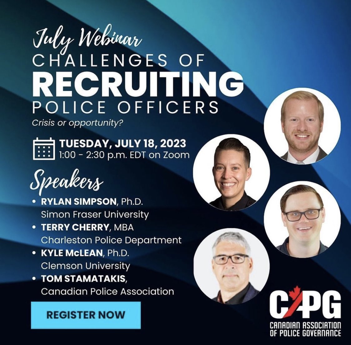 CAPG_ACGP's tweet photo. Attend our upcoming #webinar:

CHALLENGES OF #RECRUITING POLICE OFFICERS – Crisis or opportunity?

Public perceptions ranging from overpaid traffic wavers to under-valued social workers. Why would anyone want to become a police officer today?

Register:

https://t.co/QeL3WSu2Mf https://t.co/rNhJjTbqdv