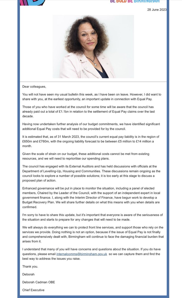 Breaking 🚨<a href="/UKLabour/">The Labour Party</a> run Birmingham City Council admits equal pay failure as 1000s of <a href="/GMB_union/">GMB Union</a> women members sue their employer AGAIN. 

See below shameful email from Chief Exec that threatens services to pay for her Council’s discrimination of women workers. 

Shameful