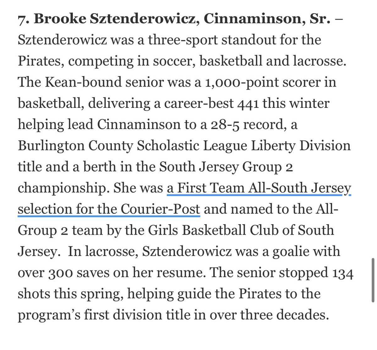 Congrats to Brooke Sztenderowicz who was ranked as the 7th best female athlete in all of South Jersey, by the Courier Post!