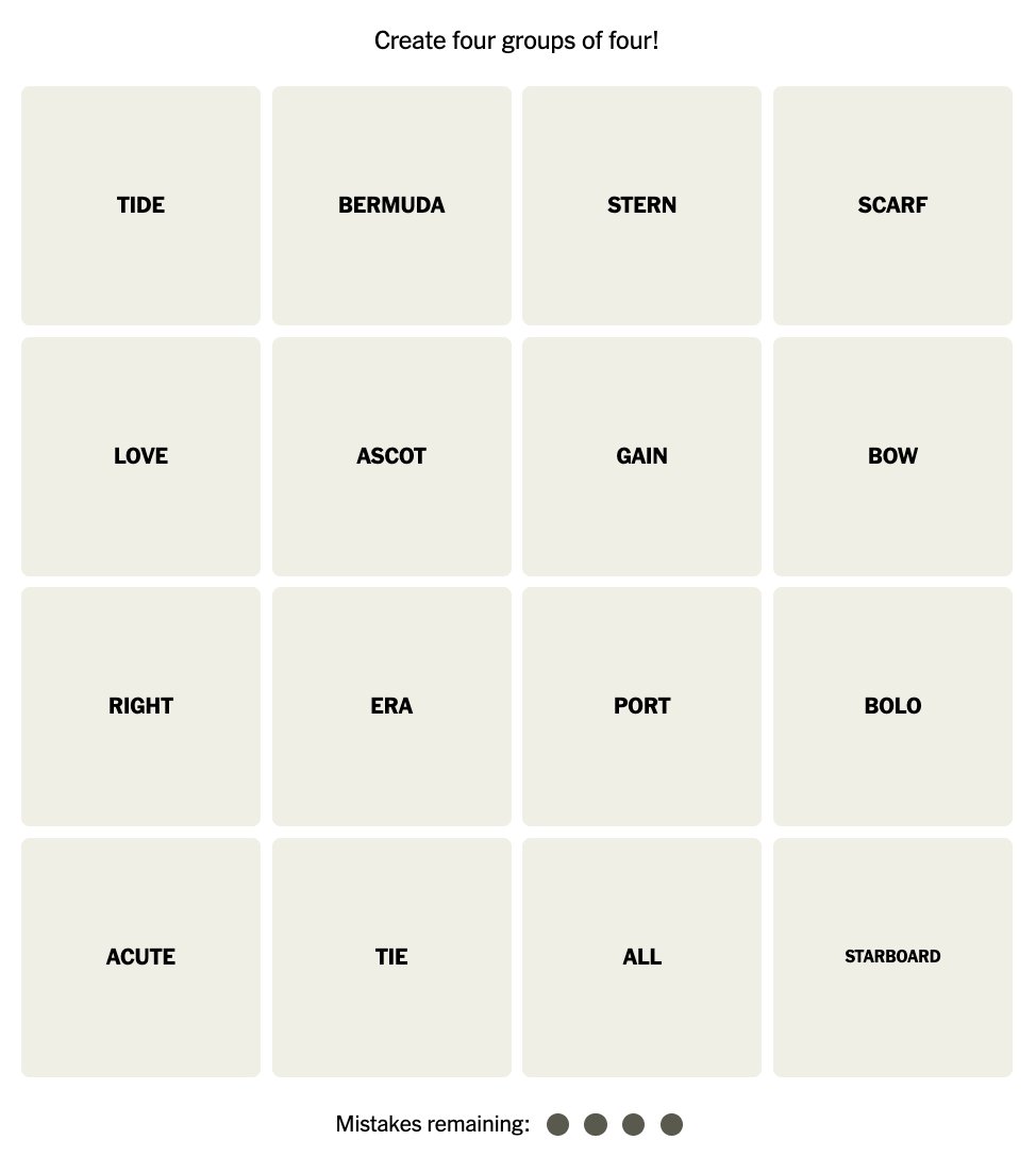 nytimes's tweet photo. Connections is a daily game about finding common threads between words. Players must select four groups of four words without making more than four mistakes. https://t.co/xyKciIPbKf https://t.co/4a8zy7ojoc