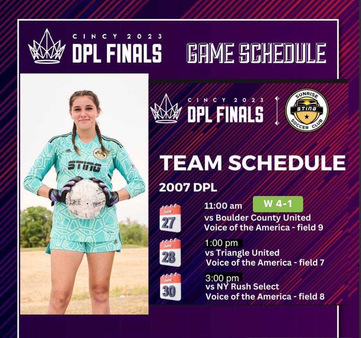 mg_kitkat's tweet photo. Let’s go @sunrisesoccer ! 🐝 ⚽️ 
#DPLFINALS23 #NothingGiven #EverythingEarned 
@Sting2007DPL 
@Sting2009DPL https://t.co/bPH7QyQXBJ