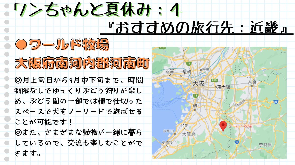 mochimaruza2ga9's tweet photo. ワンちゃんと夏休み🌊5⃣

⚫️おすすめの旅行先『近畿』

✅グラン・ドッグランド（兵庫県）

✅サンシャイン牧場果樹園（和歌山県）

✅ワールド牧場（大阪府）

✅奈良公園（奈良県）

#犬好きさんと繋がりがりたい #犬のいる暮らし #犬のいる生活 #犬好き #犬 #旅行 #夏休み https://t.co/hctkKLMvtp