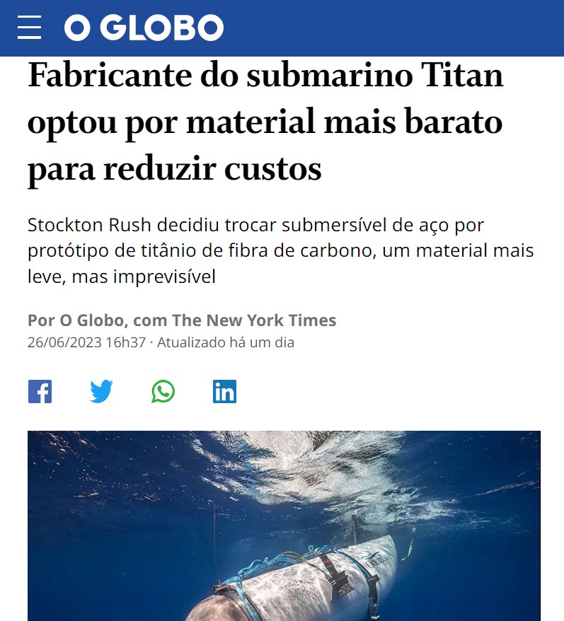 LuizClaudioJr84's tweet photo. @deccache "O engenheiro e especialista em submarinos Graham Hawkes, que conhecia Rush, disse ao jornal americano lamentar não ter alertado o empresário, uma das cinco vítimas da implosão, dos riscos no uso do material. De acordo com Hawkes, a fibra de carbono era um + https://t.co/oszddDQwr6
