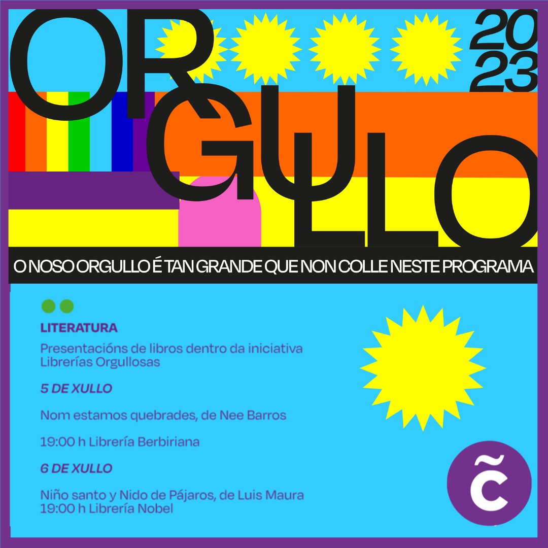 coruna_social's tweet photo. 🌈 Os autores Nee Barros e Luís Maura presentarán entre hoxe e mañá as súas últimas obras dentro da iniciativa Librarías Orgullosas, un proxecto consolidado que aglutina a 12 establecementos da cidade.

📖 Vémonos nas librarías Nobel e Berbiriana a partir das 19:00 horas! https://t.co/HdE3ZFmLv2