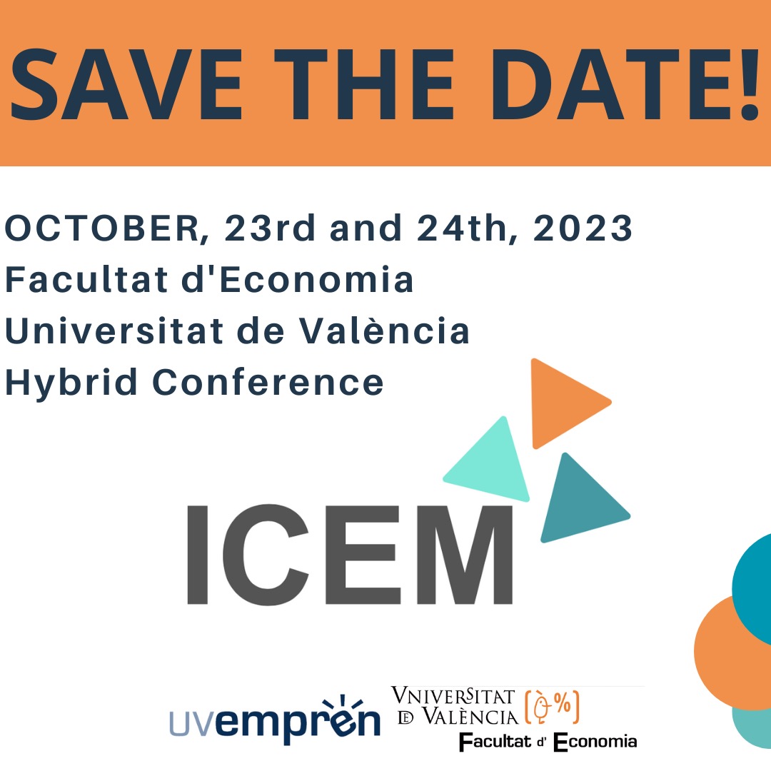 IcemConference's tweet photo. SAVE THE DATE!!! 🤞🏽🤩
ICEM 2023 is already underway! This year, the third edition of the ICEM Conference entitled will take place in a hybrid format (online or in person) in October 23-24, 2023, in Valencia (Spain) at the University of Valencia.
https://t.co/1F7UbkNTPQ https://t.co/MM49TLV6dW
