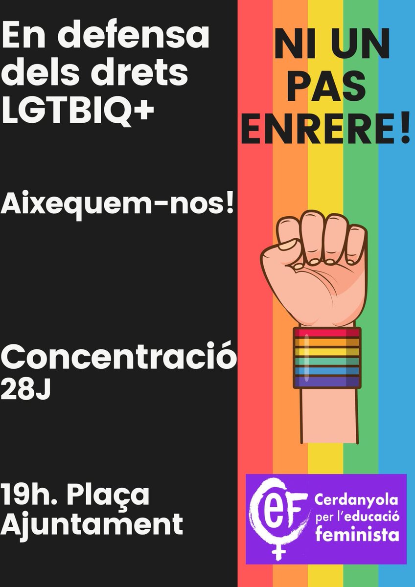 Companyxs, avui 28J Dia de l'Orgull LGTBIQ 🏳️‍🌈 a les 19h ens veiem a la plaça de l'Ajuntament de Cerdanyola per a reivindicar els drets LGTBIQ 💚🌈 i dir prou col·lectivament a les agressions LGTBIFòbiques i l'atac dels drets fonamentals per part de l'extrema dreta 🖐🏼