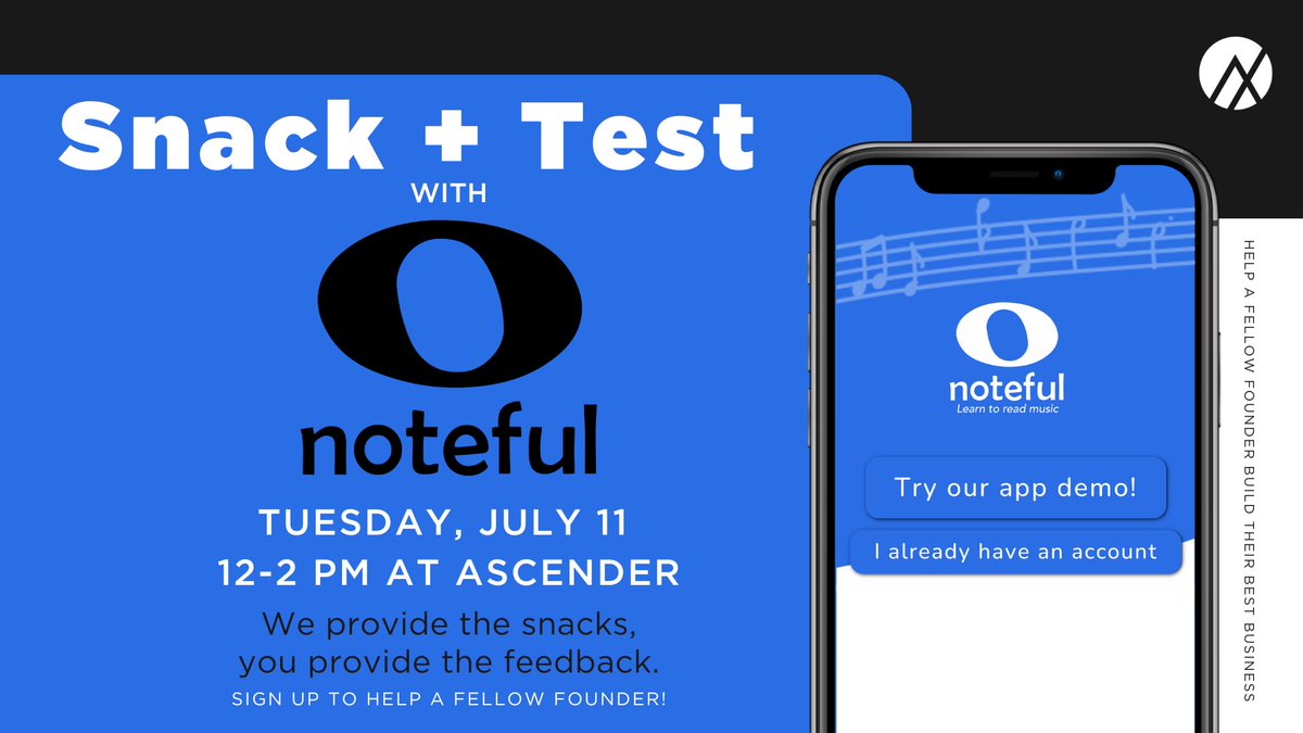 Ascenderpgh's tweet image. 🎵 Level up your note-reading skills while helping a local startup! 

Stop by Ascender on July 11 to test the @BeNoteful music-learning app. 

Just 15 MINUTES of your time = free snacks &amp;amp; a coworking pass!

🦓📱 Sign up: tinyurl.com/snack-test-not…

#NoteReading #Startup #MusicApp