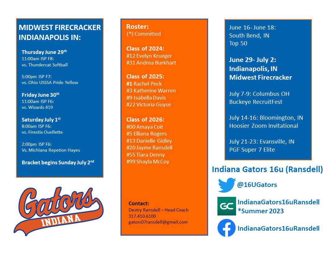 Can’t wait to get back out with my team <a href="/16uGators/">D. Ransdell</a>. Here is our schedule for the Firecracker this weekend! <a href="/CoachSchuler/">Ryan Schuler</a> <a href="/SaintLeoSB/">Saint Leo Softball</a> <a href="/SMWSoftball/">SMW Softball</a> <a href="/coachferrell15/">Ben Ferrell</a> <a href="/MarianKnightsSB/">Marian Softball</a> <a href="/UIndySoftball/">UIndy Softball</a> <a href="/iupucsb/">IU Columbus Softball</a>