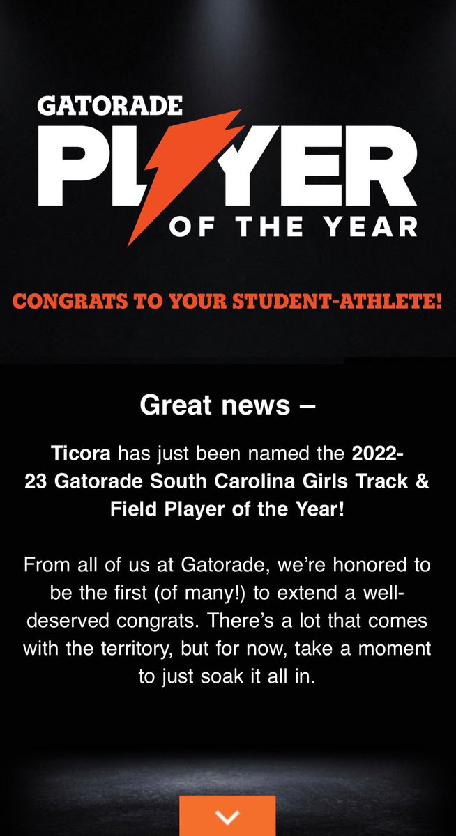 I am very honored and grateful to be named the 2022-2023 South Carolina Girls Track and Field <a href="/Gatorade/">Gatorade</a> Player of the Year. I thank God for blessing me to be in a position to use my gifts and talents. I’m excited to see where it will take me in my future. #GatoradePOY