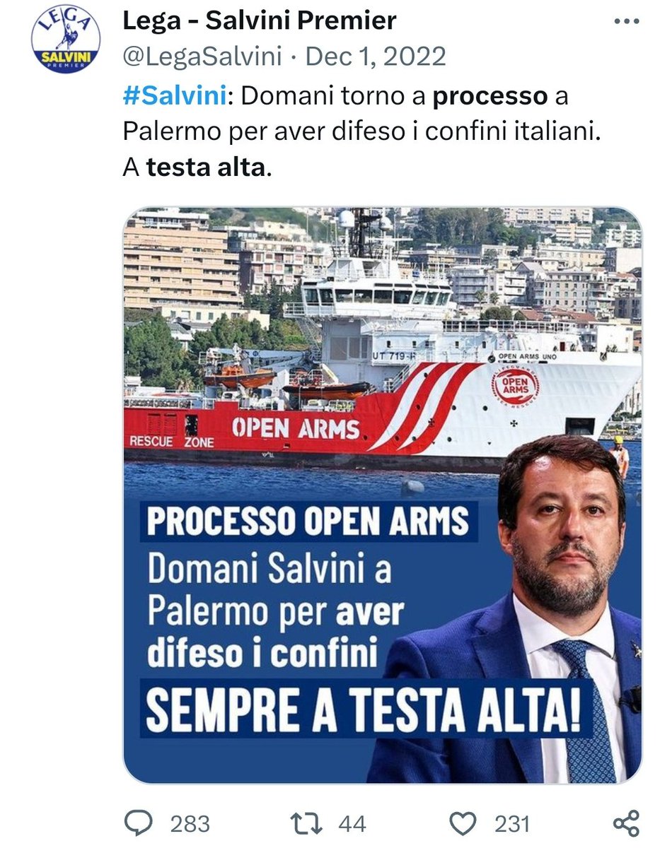 #Salvini:
da 'a testa alta'
a 'coda tra le gambe'.

Reso intoccabile dalla maggioranza #Meloni.
Per la quale è giusto insultare #CarolaRackete perché salva vite umane,
ma è sbagliato dire che La Russa è fascista perché ha i busti del Duce.

#SeaWatch3