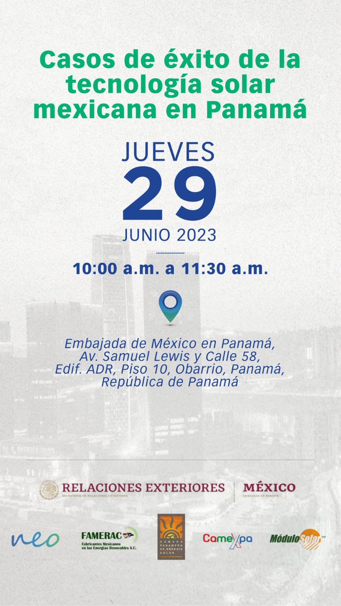 Los invitamos mañana jueves 29 de junio a las 10 am en la Embajada de Mexico en Panamá al evento “Casos de éxito de la tecnología solar mexicana En Panamá” favor confirmar su participación al 6240-4142 o a geroicy.martinez@camexpa.org <a href="/Modulo_Solar/">Modulo Solar</a> <a href="/neoenergypa/">Neo Energy</a>