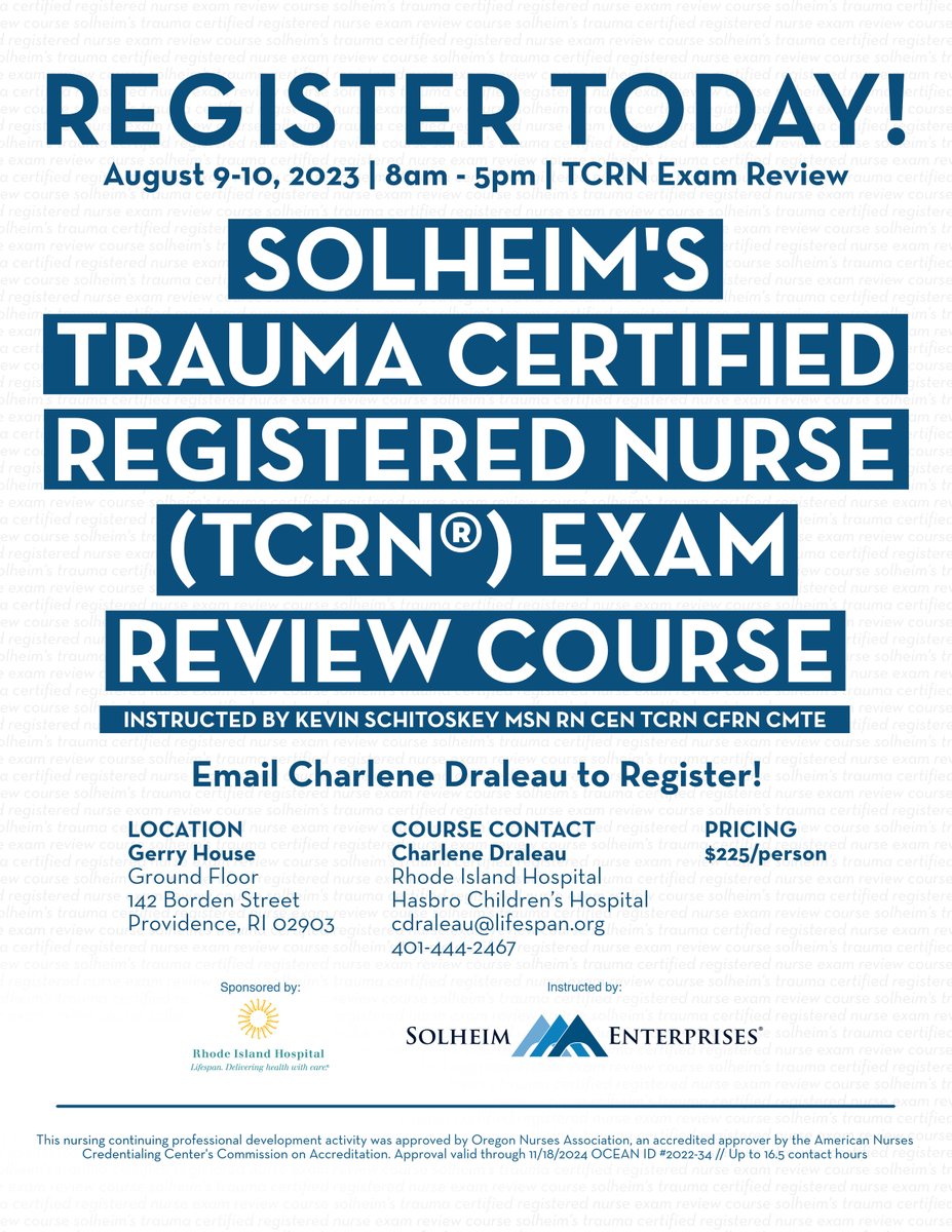 RhodeIsland_ENA's tweet photo. Rhode Island Hospital will be hosting a TCRN Exam Review Course on August 9-10, 2023. If you have been thinking of getting your TCRN certification, now is the time!! https://t.co/gmrfvkaqdB