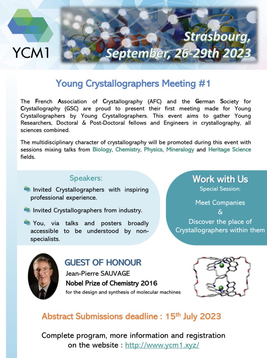 NeuroTrans (@neurotransetn) on Twitter photo The first Franco-German Young Crystallographers's meeting (YCM1) will be held from September 26 to 29 in Strasbourg. A prestigious guest in the person of Professor Jean-Pierre Sauvage, winner of the 2016 Nobel Prize in Chemistry.
More details?  ycm1.xyz The first Franco-German Young Crystallographers's meeting (YCM1) will be held from September 26 to 29 in Strasbourg. A prestigious guest in the person of Professor Jean-Pierre Sauvage, winner of the 2016 Nobel Prize in Chemistry.
More details?  ycm1.xyz