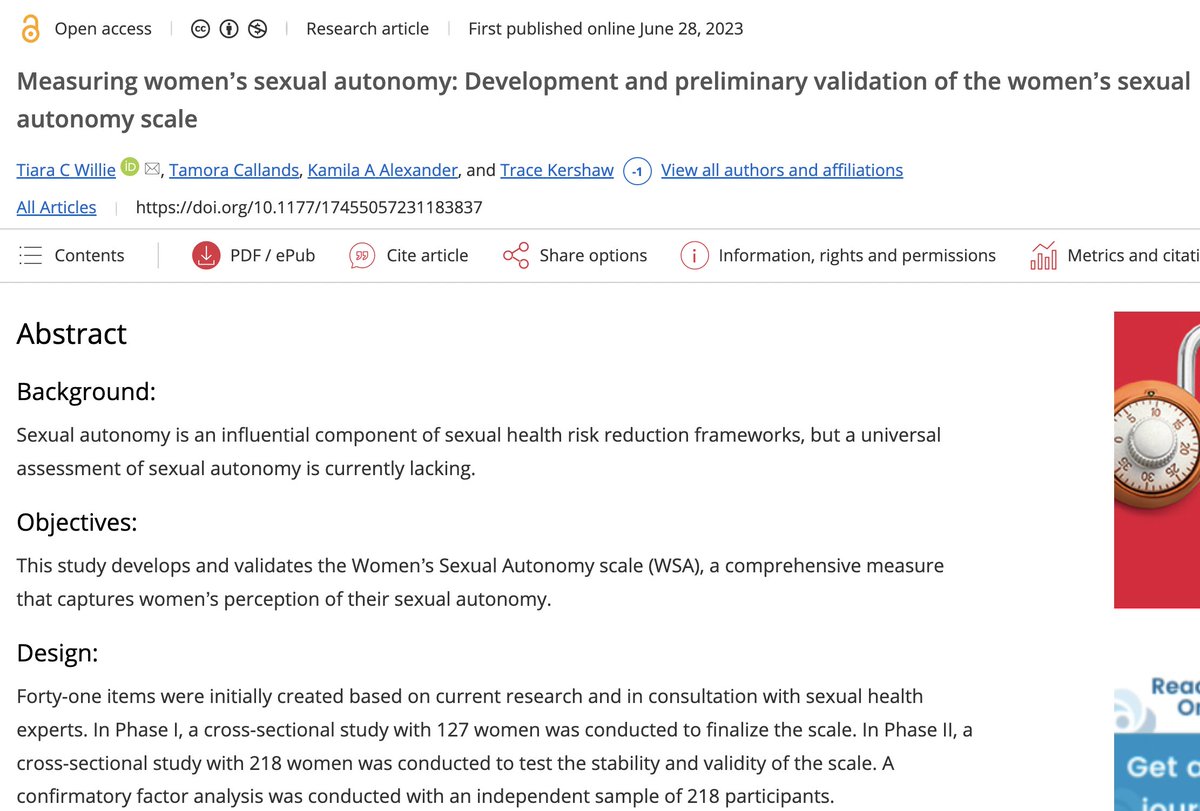 😀 to see our scale development #research on women's sexual autonomy published in <a href="/WHEJournal/">Women's Health Journal</a>! #WomensHealth with <a href="/speed_tracer00/">Trace Kershaw</a> <a href="/kamilaalexander/">Kamila A. Alexander</a> and Tamora Callands 

Check it out here: journals.sagepub.com/doi/10.1177/17…