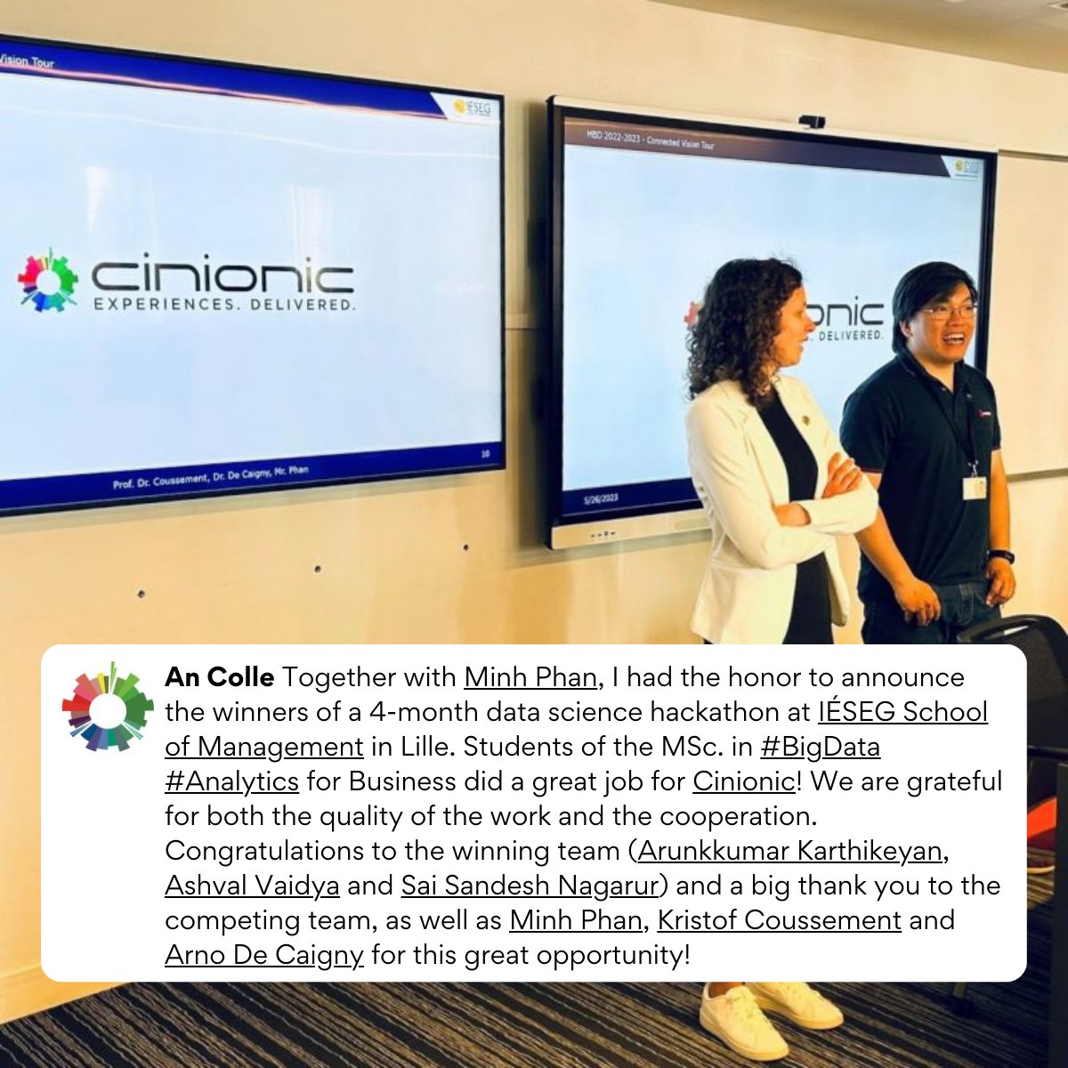 BarcoCinema's tweet photo. Cinionic’s Data Analytics Expert, An Colle, was honored to announce the winners of a recent four-month data science hackathon in Lille. Congratulations to the winners and all of the participants!
#cinionic #experiencesdelivered #hackathon #datascience https://t.co/3aCf9gTqeC