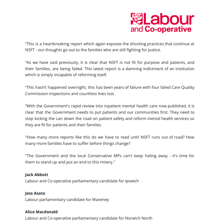 Following another heartbreaking report into the Norfolk and Suffolk NHS Trust (NSFT), @Jess4Waveney, <a href="/AliceMLabour/">Alice Macdonald MP</a> and I have issued a joint statement.

How many more families have to suffer before things change?

It is time for the Government to put an end to this misery.