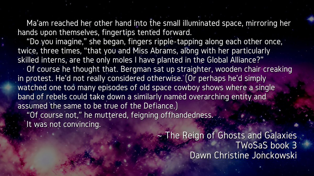 DawnCJonckowski's tweet image. It&apos;s #WIPpetWednesday!
Defiance leader Ma&apos;am is an expert at letting her hands 𝗺𝗶𝗿𝗿𝗼𝗿 her mood, since her identity must remain protected.

#amwriting #TheWeightofStarsandSuns #trilogy #bookthree
