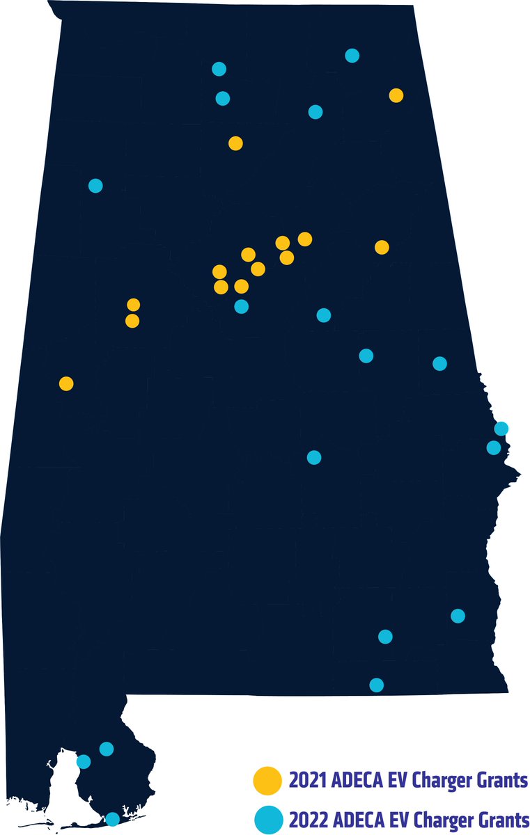 DriveEVAlabama's tweet photo. Infrastructure is critical to #evadoption. Since 2021, @ADECA has distributed over $3 million in grants towards EV projects statewide. We are making great progress - just take a look at the map!
#DriveElectric #ElectricVehicles #ForWhateverDrivesYou https://t.co/DdY4gPUOfa