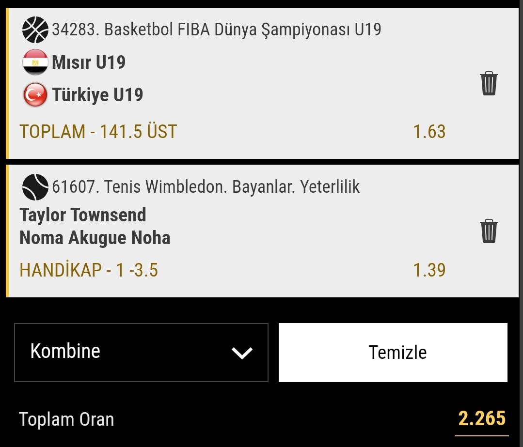 🏀🥎 kombinesi
Türkiye rahat sayı atan bir takım konumunda. Mısır dün az daha Brezilya'yı yenecekti. 67 sayıda kaldi. Bizim maçta da bu sayıya ulaşacak ve maçı üst yapacaktır. 
Townsend ise zayıf rakibini rahat yenmesini bekliyorum. 
Oran 2.26
Stake 8,5 
Bol Şans