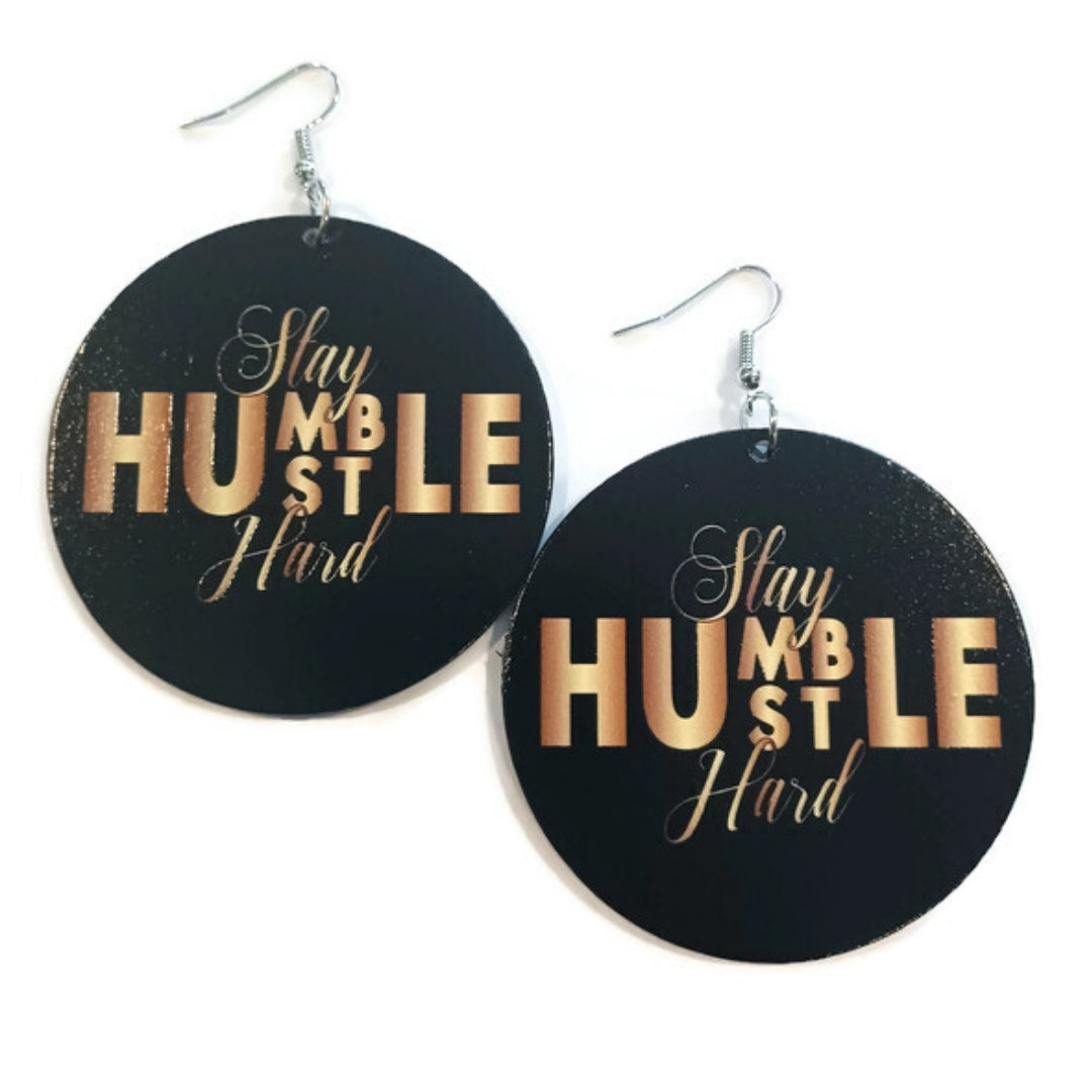 Stay Humble Hustle Hard Black Gold Statement Dangle Wood Earrings tuppu.net/d573753c #maxidresses #blackfridaydeals #earrings #explore #melaninfashion #thanksgiving2022 #onlineshopping #blackownedbusiness #womenfashion #handmadeearrings #Earrings