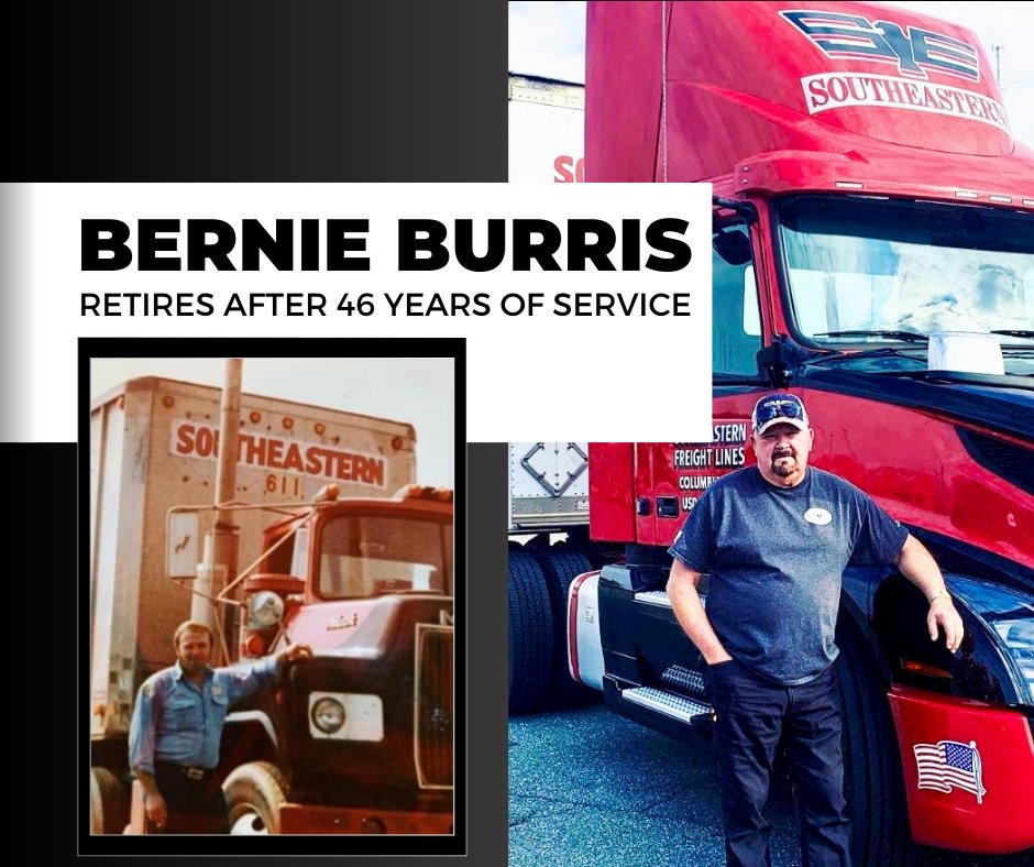 SEFreightLines's tweet photo. Congratulations to Charlotte Linehaul Driver 𝐁𝐞𝐫𝐧𝐢𝐞 𝐁𝐮𝐫𝐫𝐢𝐬 𝐚𝐟𝐭𝐞𝐫 𝟒𝟔 𝐲𝐞𝐚𝐫𝐬 𝐨𝐟 𝐬𝐞𝐫𝐯𝐢𝐜𝐞!

Bernie's love of LTL was passed on to son Michael and granddaughter Christin who are also SEFL associates. #SEFL #LTL #trucking #linehaul #retirement https://t.co/93A94BWh0C