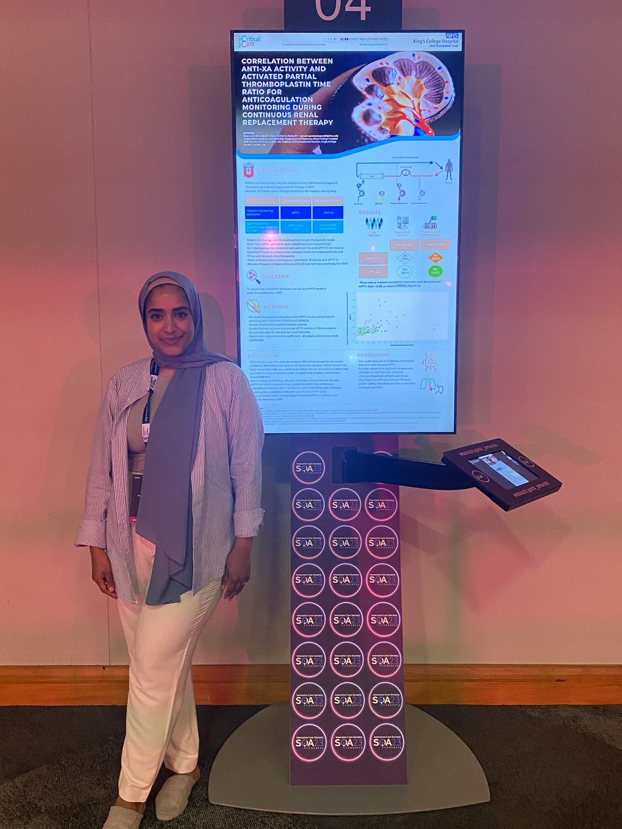 ReenaM2703's tweet photo. Congratulations 👏🏽👏🏽👏🏽 Ayesha Begun for presenting on the correlation of Anti Xa &amp; APTR monitoring of heparin in RRT at @ICS_updates #SOA. An area with very little research, a chance to add to the evidence.  Come find out more….🤔 @KCHPharmacy &amp; @KingsCritCare 🥳🥳🥳 https://t.co/uuDfNsg3t5