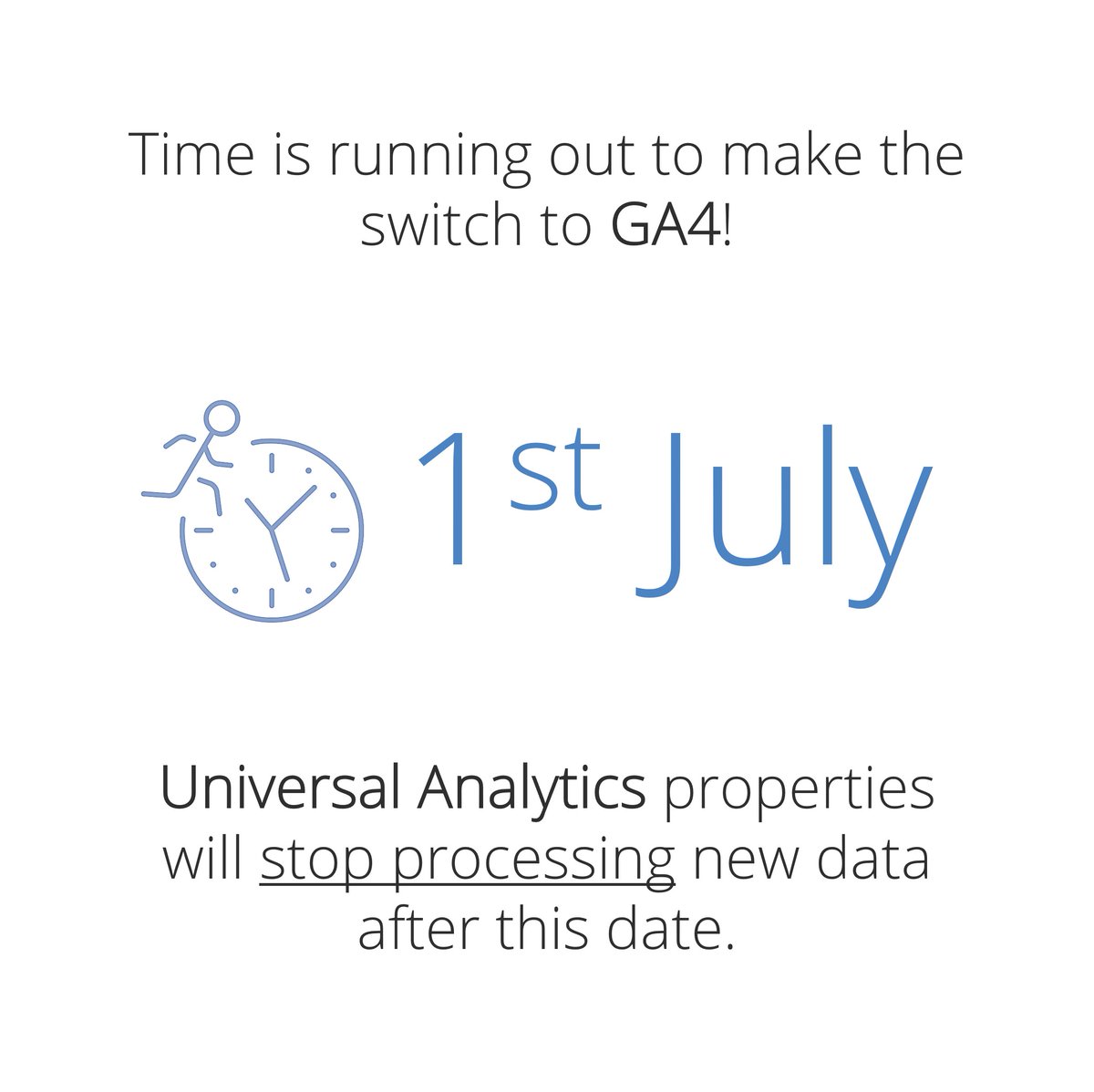 iconographyltd's tweet photo. ⌛ GA4 is making the final switch this weekend - are you ready?

From the 1st of July, UA will no longer process data, so you must be ready to track via GA4.

Our blog post points you in the right direction to get set up before the deadline: https://t.co/gxqY9iIQAS https://t.co/RXnyxOqWC0
