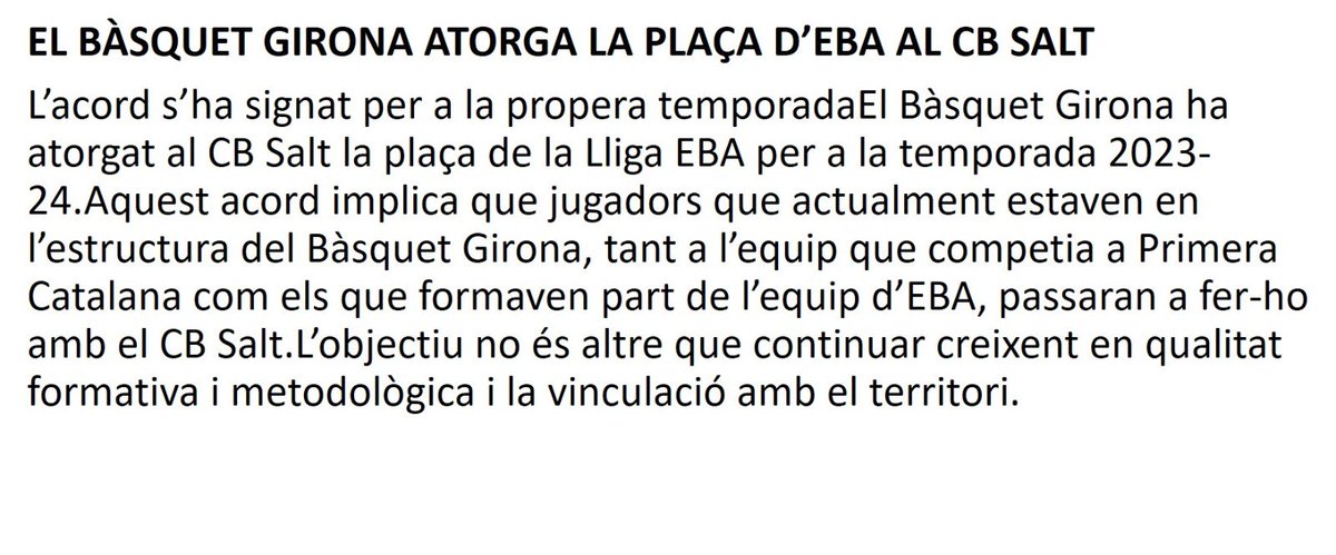 cbsalt's tweet photo. 🚨 COMUNICAT OFICIAL
Us presentem l'acord al que hem arrivat el CB Salt i el @BGironaBase per la propera temporada en quant a l'equip de categoria Lliga EBA 🏀
#somhiSalt #Saltesviu #somEBA https://t.co/niV4HRPmaw