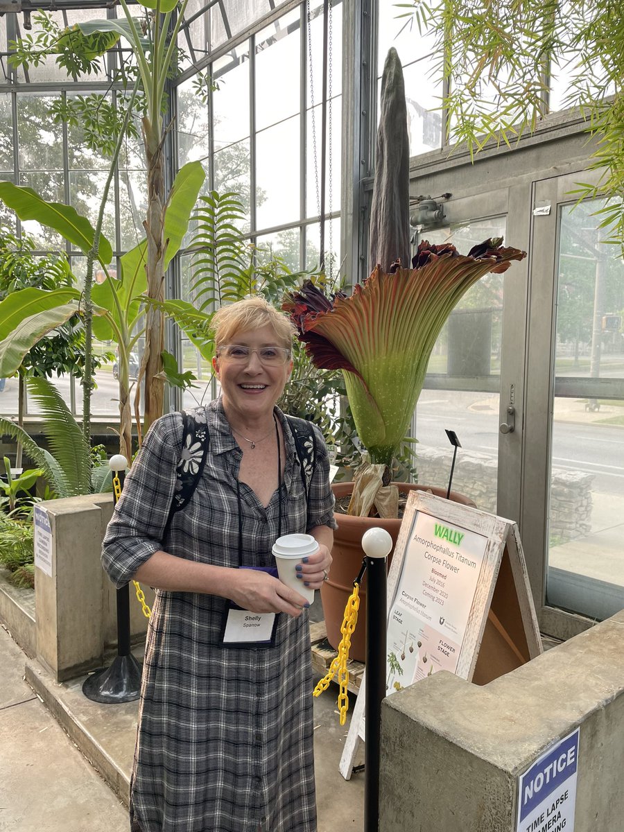 sparrow1239's tweet photo. Just three science girls enjoying Wally, the corpse flower in bloom. Imagine it waiting for us… only blooms every 3 years for about 2 days!! #CSPD Week2023 https://t.co/n8D3cDuC3t