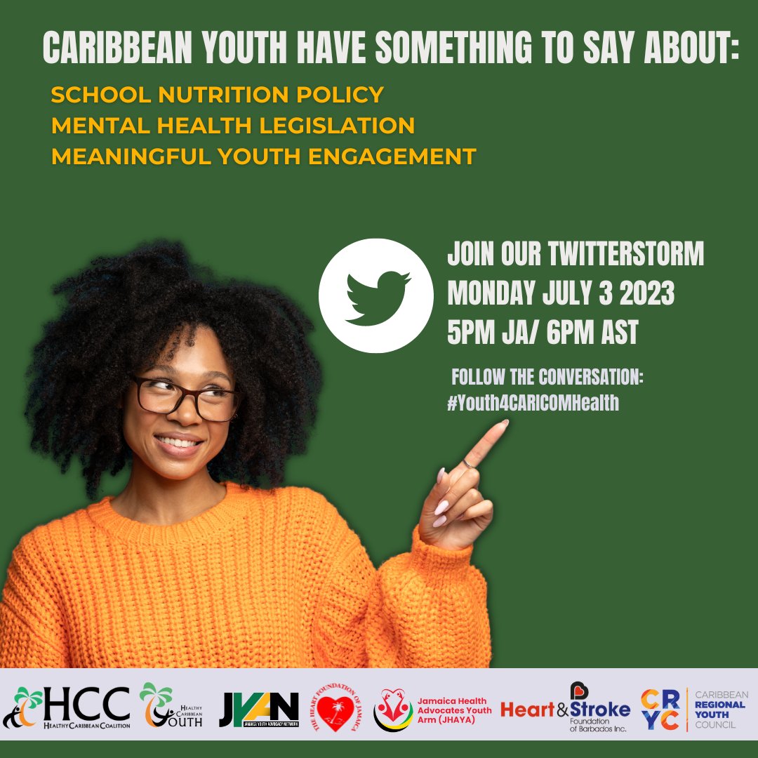 Join us on July 3 from 6-7PM AST, where we will be taking Twitter by storm, highlighting the concerns and recommendations of youth across the region! 

We invite you to like, retweet and tag your policymakers! Use  #Youth4CARICOMHealth to follow the conversation.