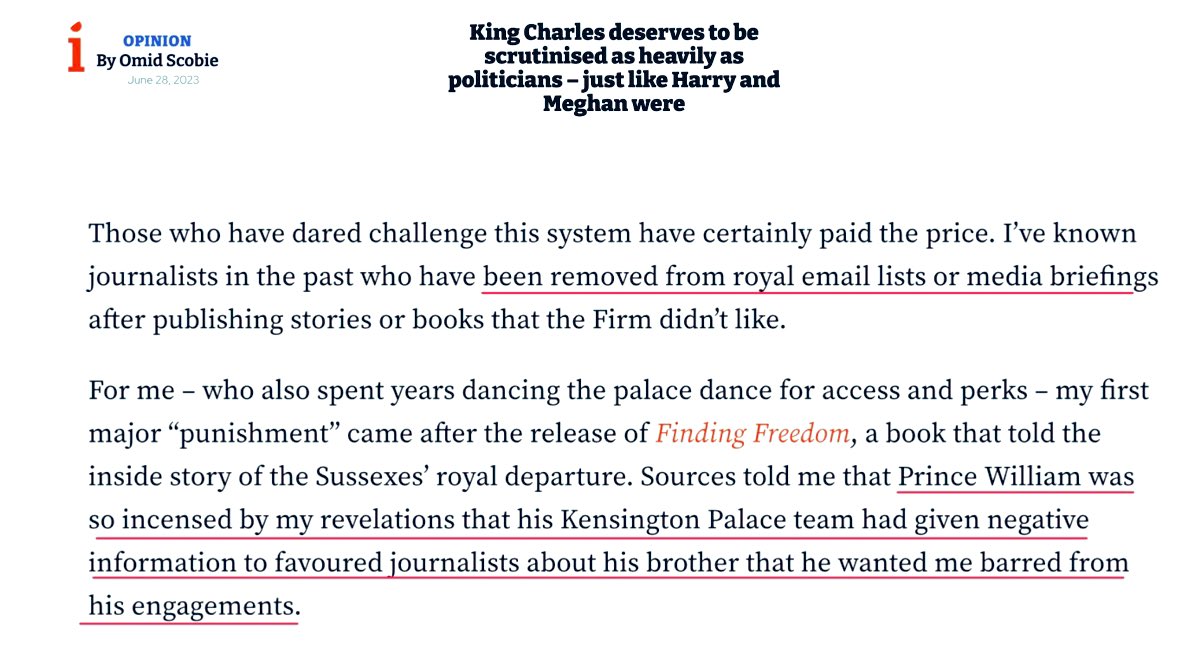 “Prince William was so incensed by my revelations that his Kensington Palace team had given negative information to favoured journalists about his brother that he wanted me barred from his engagements”- Omid 

I’m loving Scobie. He has hands 🥊🥊for #PrinceOfPegging.