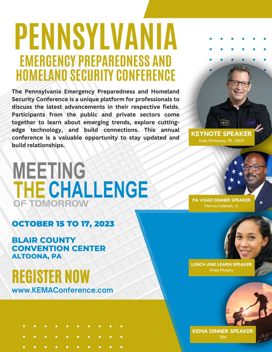 KEMAConference's tweet image. Mark your calendars for the Pennsylvania Emergency Preparedness and Homeland Security Conference, happening from October 15-17, 2023 at the Blair County Convention Center in Altoona!

Register at kemaconference.com 

#KEMACon2023