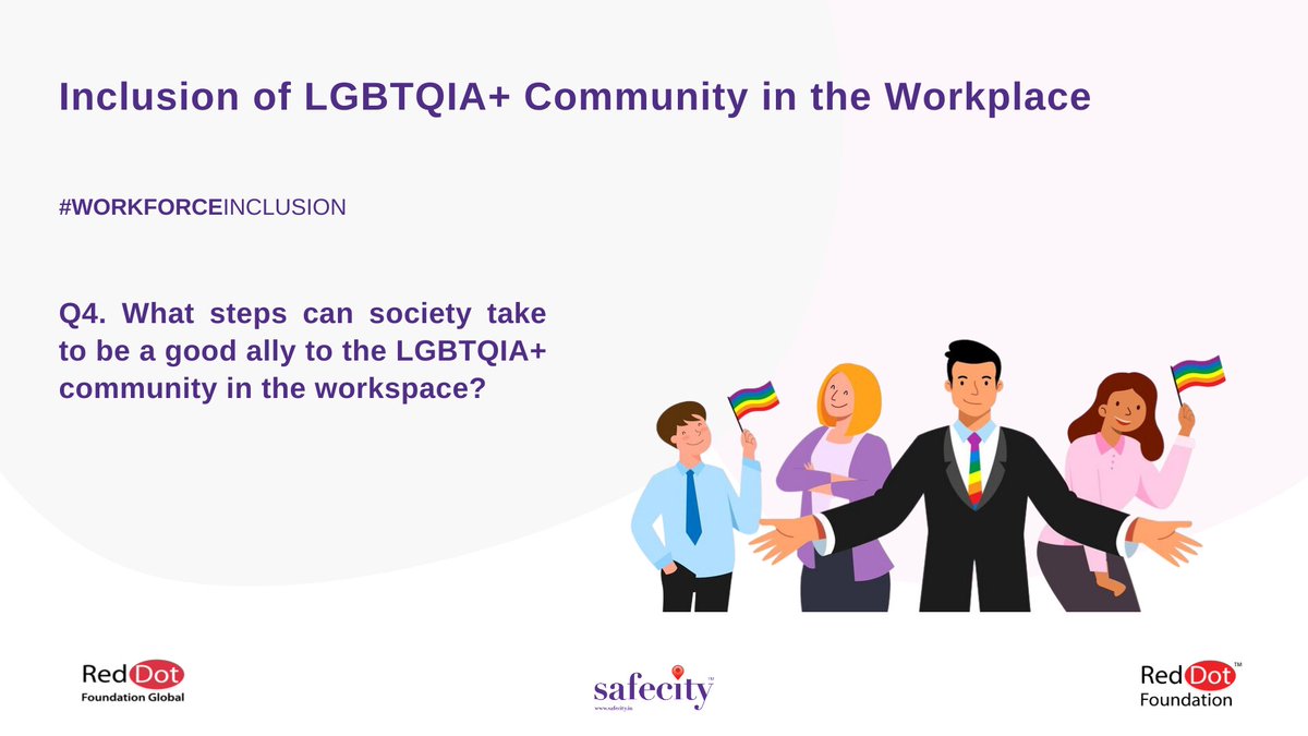 TheSafecityApp's tweet image. 4.  What steps can society take to be a good ally to the LGBTQIA+ community in the workspace?

- You can tweet your answers with the question number (e.g. A1, A2, A3)

- Use the hashtag #WorkforceInclusion

#PrideMonth23

#Safecity #RedDotFoundation