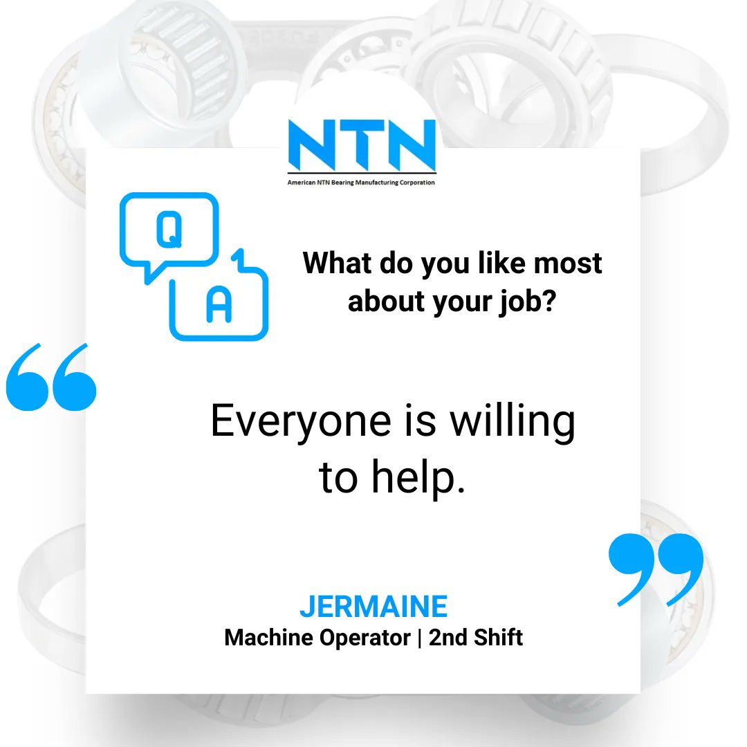 'If everyone moves forward together, then success takes care of itself.' - Henry Ford

#NTN #elginIL #manufacturing #illinoismanufacturing #employeereview #employeetestimonial #happyemployee #manufacturingcareers #manufacturingjobs #manufacturingindustry #manufacturingjobs