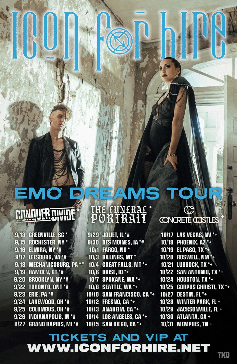 iconforhire's tweet image. We couldn&apos;t stay away too long, we&apos;re heading back out on the road this September with some awesome company! Tickets go on sale this Friday 👉 Tag a friend who needs to go! 🤘🚌#EmoDreamsTour #IconArmy 
@conquerdivide @tfp_tweets @concretecastles