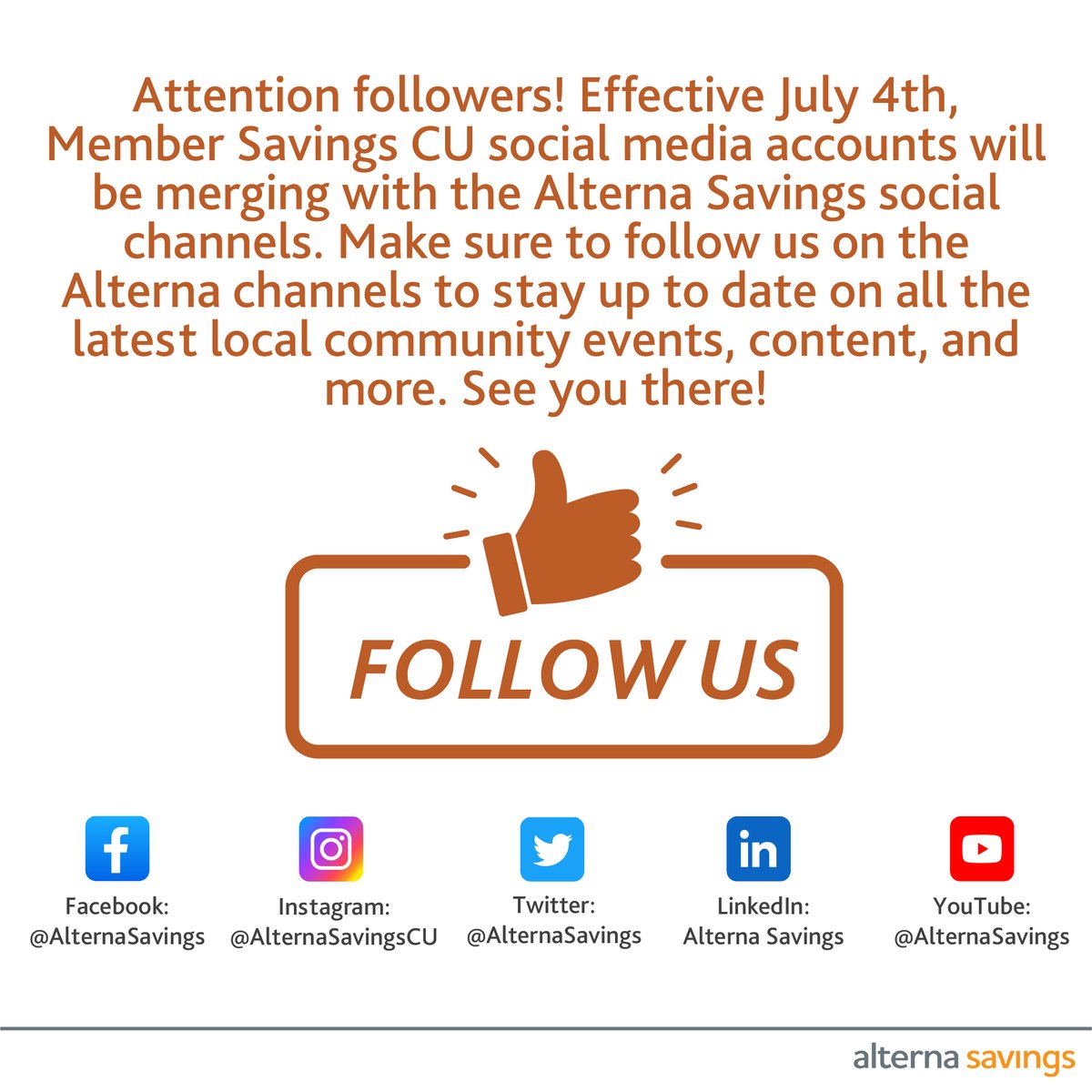 MemberSavingsCU's tweet photo. 📣 Exciting news for our followers! Effective July 4th, we're merging Member Savings CU's social media accounts and moving to the @AlternaSavings channels. Please follow us to ensure you receive special offers, the latest updates, and invitations to our exclusive events. https://t.co/Mn94QoNfhK