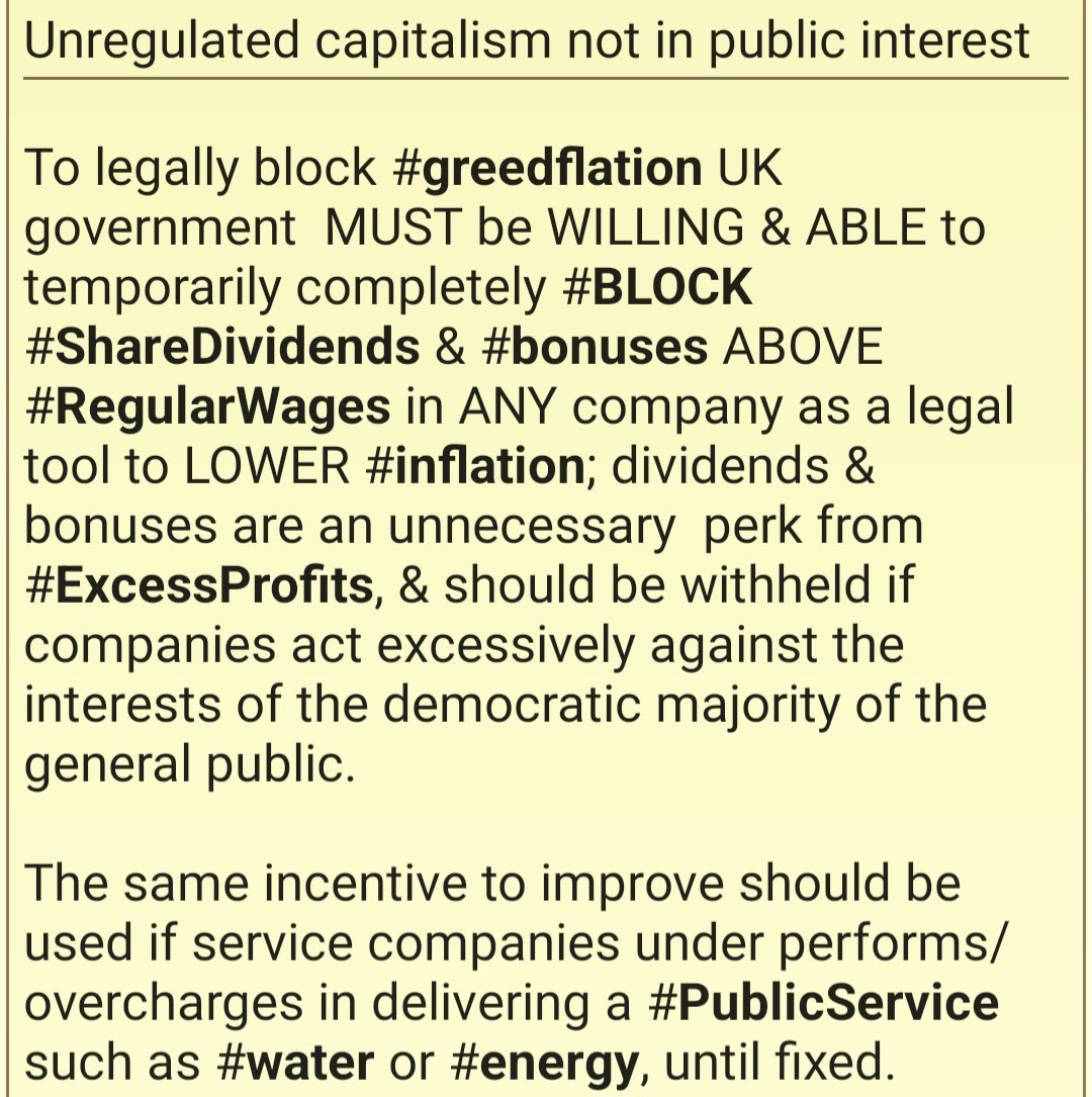 timlongson's tweet photo. @PeterStefanovi2 @RishiSunak @StephenFlynnSNP Wages NOT causing #inflation, #greedflation is! Govt MUST #BLOCK #ShareDividends & #bonuses ABOVE #RegularWages in ANY company as a #LegalTool to stop #profiteering!
Same for service companies that under performs/overcharges in delivering #PublicService such as #water or #energy https://t.co/jotPoO3nP6