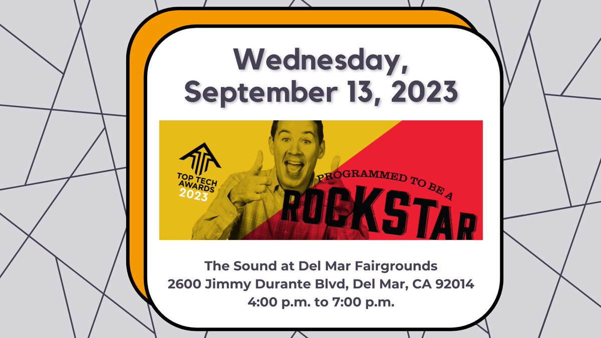 CONNECTinSD's tweet photo. Get ready for a Rock Star ready event with incredible entertainment, amazing food, and all the fun you look forward to when you attend the Top Tech Awards!!
To get your ticket today, visit: https://t.co/HTK1MPIhSb
#TTA2023 #toptech2023 #TTASD #TopTechAwards #techawards https://t.co/ZxqqVODhc6