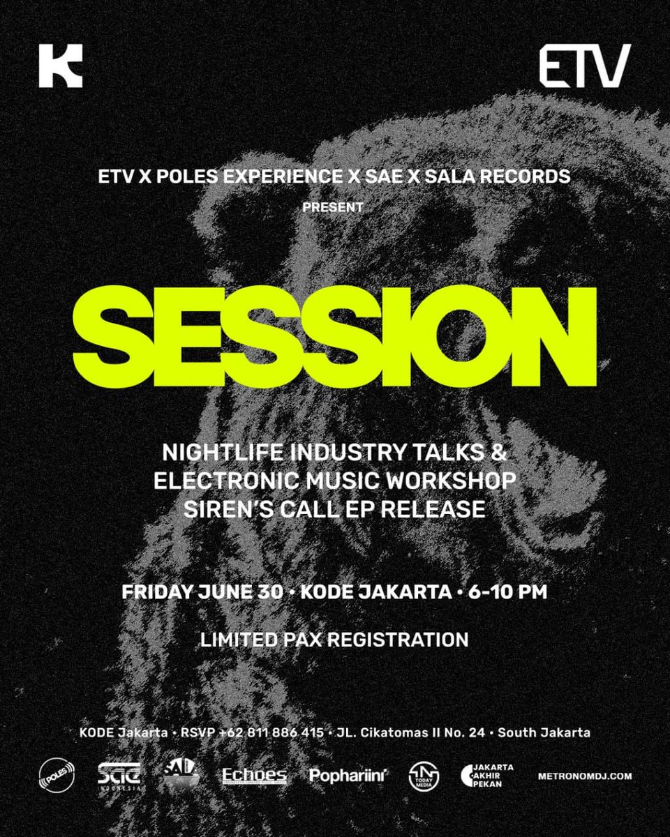 Enter SESSION a gathering by ETV <a href="/PolesExperience/">POLES EXPERIENCE</a> @saejakarta SALA Records — JUNE 30 at KODE Jakarta 6 PM Onwards — Limited pax available!

📍KODE
Jalan Cikatomas II No.24
South Jakarta

DM <a href="/SAEjakarta/">SAE Indonesia</a> for registration