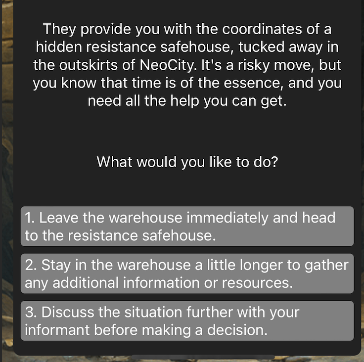 DeathChatD's tweet photo. The Cyberpunk  #textAdventure option is looking pretty fun. heading for the next version.
#games #gaming #gameplay #indiegames  #gamingcommunity  #gamedev #gamedevelopment #indiedev #indev #storytelling  #ChatGPT  #GenerativeAI  #AIAdventure https://t.co/YWTtwgbzgb