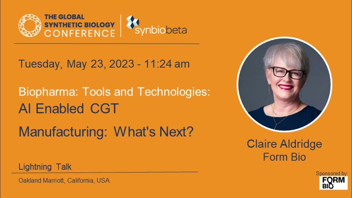 form_bio's tweet image. @ClaireAldridge2 discusses @SynBioBeta the future of #biomanufacturing in CGT, highlighting the shift towards #insilico approaches, which aim to reduce truncations, enhance read quality &amp;amp; improve quality of drugs. Watch 4-min video: hubs.li/Q01W0z4P0 #synbiobeta2023