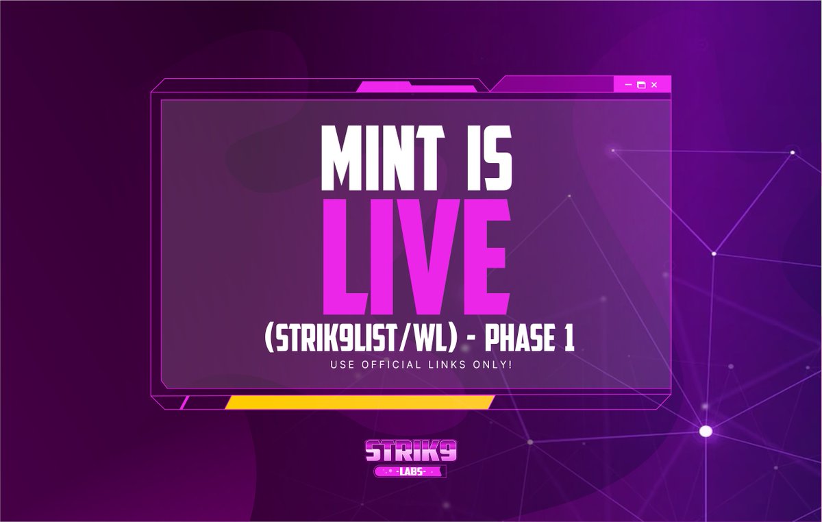 📢 MINT IS LIVE  (WL) 

Mint Site: strik9labs.io/mint 
OpenSea: opensea.io/collection/str…
Contract: etherscan.io/address/0xd531… 

Mint packs for a cheaper price per NFT!

Only use official links!