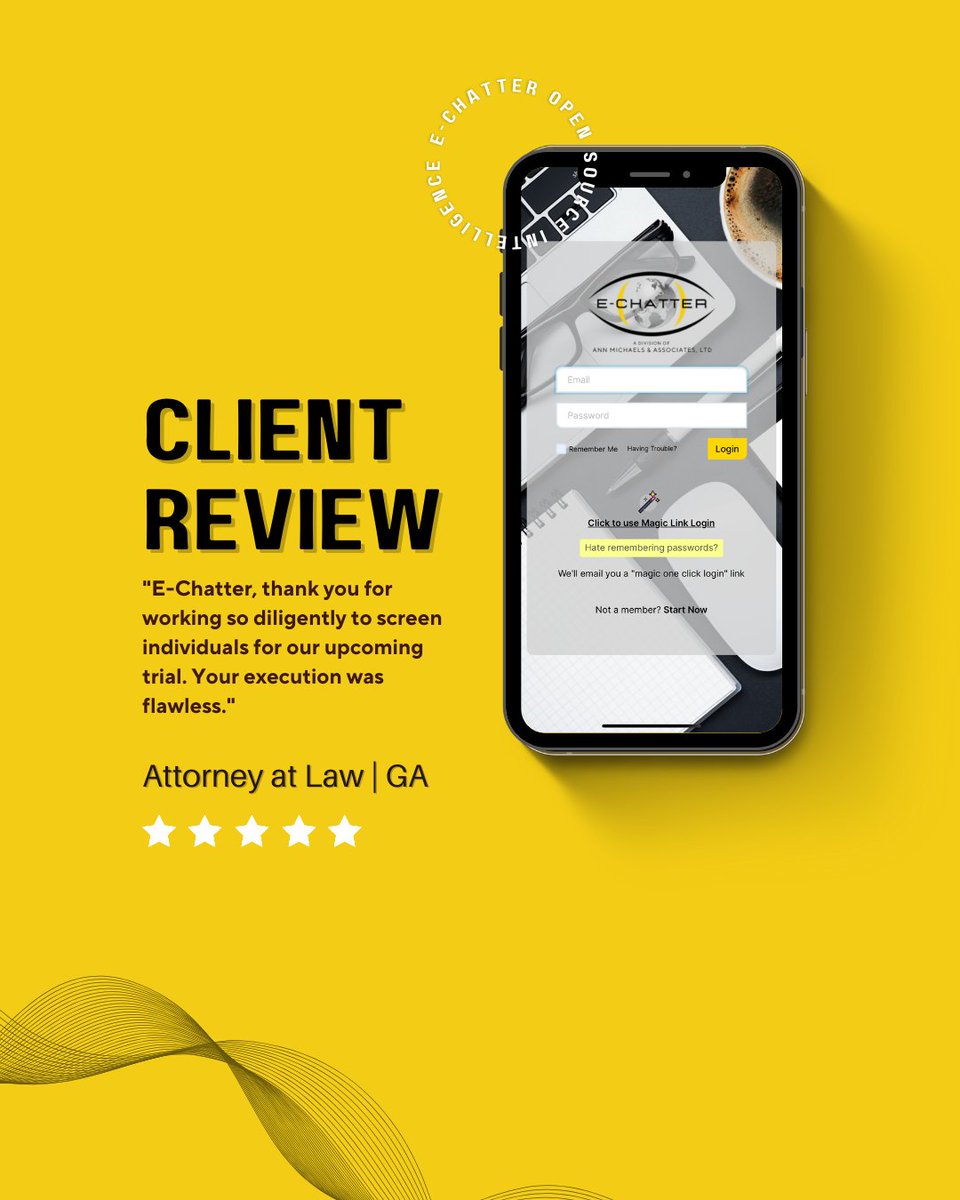 echatterchecks's tweet photo. Thrilled with another 5-star review! Our OSINT solutions empower clients with crucial insights and informed decisions. Discover E-CHATTER: Top-notch services, cutting-edge tech, and unwavering professionalism. Visit https://t.co/htvzzyISKM for more info. #OSINT #echatterchekcs https://t.co/ntTEJfcNUC