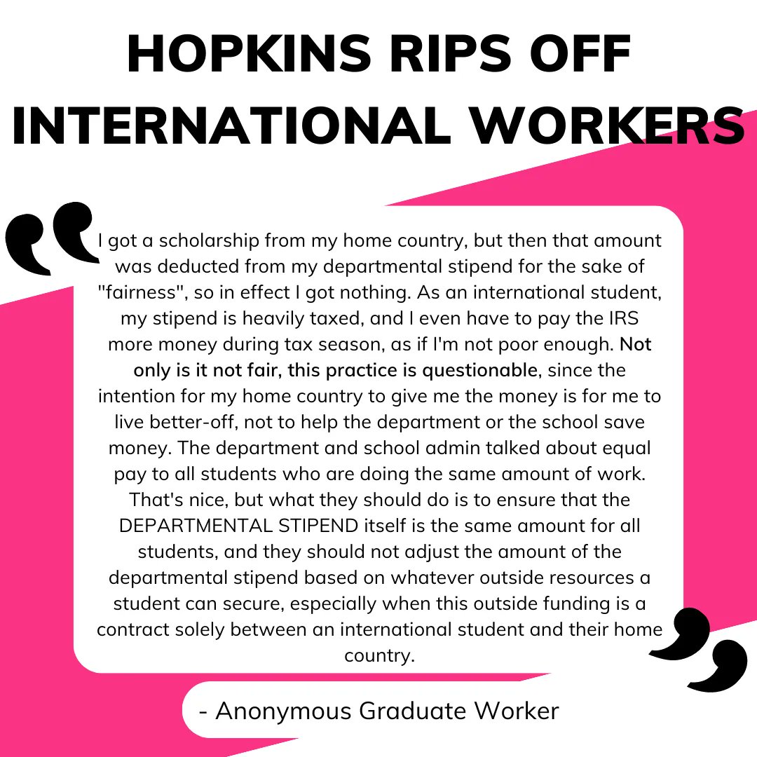 TRUhopkins's tweet photo. Hopkins rips off international workers.

Today's testimonial comes from a student who saw JHU take their hard-earned grant money from their home country b/c of so-called "stipend fairness." Grad workers deserve ALL earned grant money, regardless of everyone else's stipends: https://t.co/DuBJnj6tRl