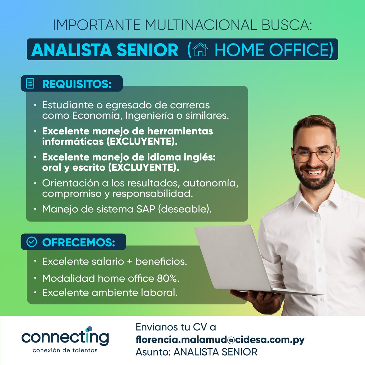 Tips para la postulación 👇🤩
➡ Contamos con filtros automáticos. Coloca el asunto indicado para que tu correo sea tomado en cuenta.
➡ El no cumplimiento de los requisitos EXCLUYENTES hace que el CV se elimine de la base de datos para futuras búsquedas.

#OportunidadLaboral