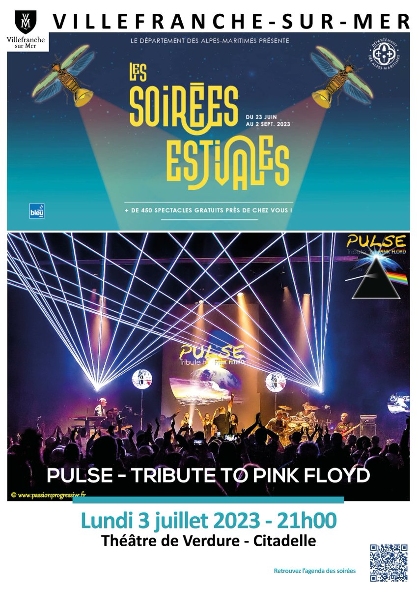 C'est le groupe Pulse - Tribute to Pink Floyd qui ouvrira cette année les Soirées Estivales du CD06 à Villefranche le lundi 3 juillet à 21h, au théâtre de Verdure Epoux Garnier de La Citadelle. Spectacle gratuit. Nombre de place limité.

#Myvillefranchesurmer #Departement06