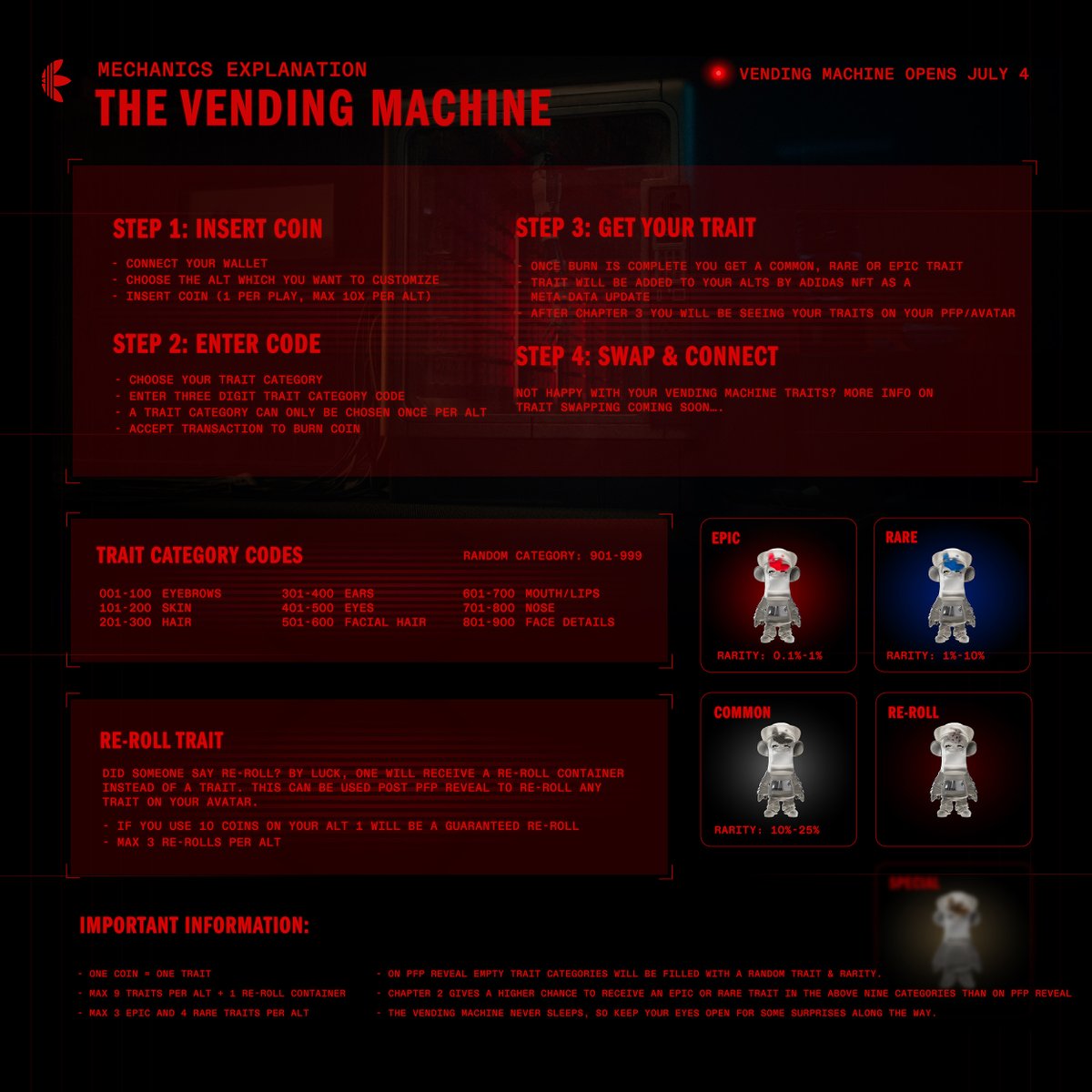 ALTS! It's time to reveal the mechanisms of the Rift Valley Motel Vending Machine. 🦾

🟥 You now have time to prepare your coins. There is no rush. The machine never sleeps and will close July 25.

🧠 Use your coins wisely, and save one as you might need it throughout Chapter 2.